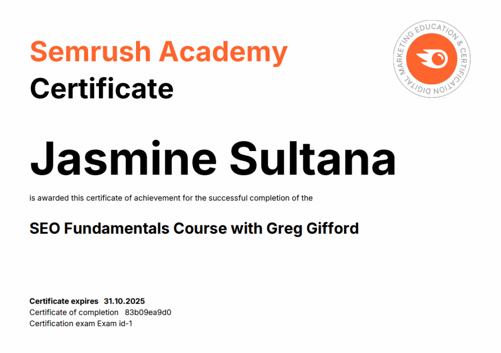 seo fundamental course certificate